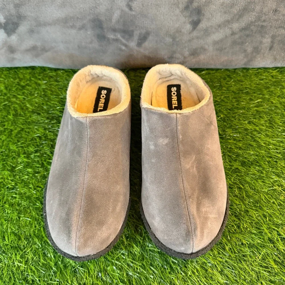 Sorel Kids Lanner Ridge II Gray Suede Shearling Lined Clog Slippers Youth Size 5